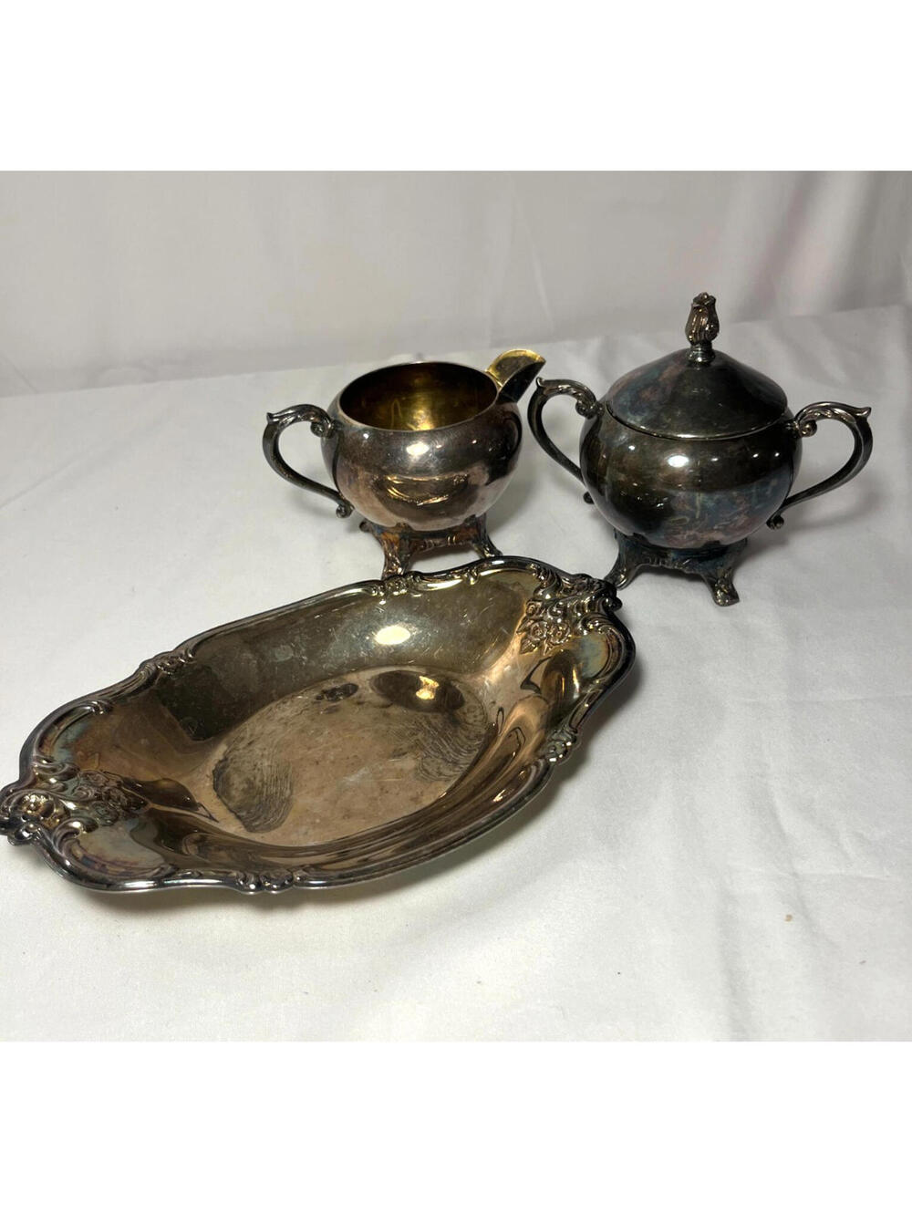 Antique Footed Creamer w Matching Lidded Sugar Bowl Silver Plated Victorian Tea